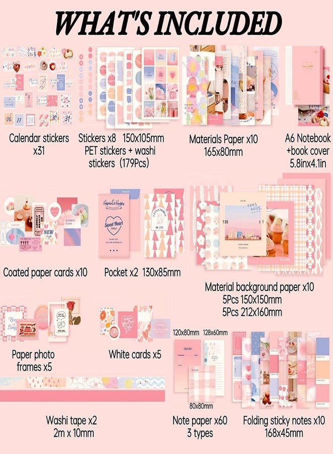 CLOSAL® Vintage Aesthetic Scrapbook Kit - 346 Pcs Supplies for Bullet Junk Journal - A6 Grid Notebook (Pink) - Image 2